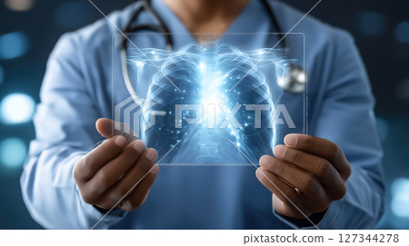 A doctor carefully examines a virtual x-ray projection with focused attention. The integration of advanced technology in medical diagnostics. Generative AI. 127344278