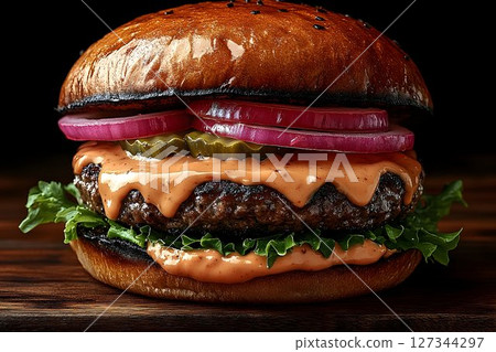 Close-up of a Deliciously Prepared Gourmet Burger 127344297