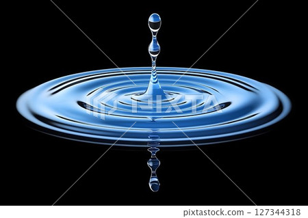 Water droplet collision creating ripples on a black reflective s 127344318