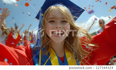 Joyful Graduate in Confetti Shower, Red Gown and Blue Cap 127344324