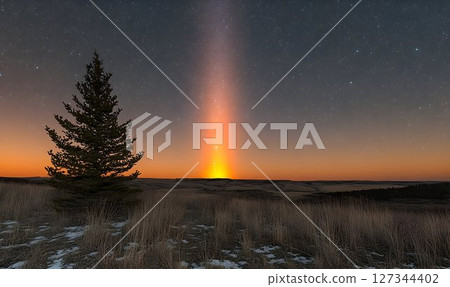 Dramatic Light Pillar Illuminates Night Sky Above Prairie Landsc 127344402