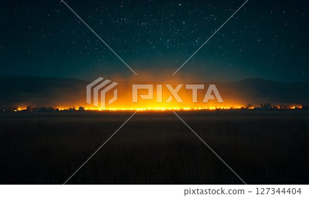 Nighttime Landscape: Illuminated Horizon with Starry Sky and Fie Nighttime Landscape: Illuminated Horizon with Starry Sky and Fie 127344404