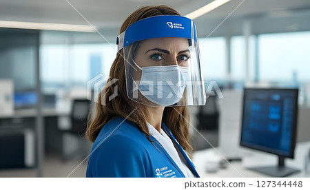 Healthcare worker in blue uniform wearing face shield and mask i Healthcare worker in blue uniform wearing face shield and mask i 127344448