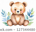 Cute watercolor animal series: bear surrounded by flowers 127344480