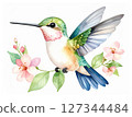 Cute watercolor animal series: Hummingbird surrounded by flowers 127344484