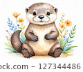 Cute watercolor animal series: Otter surrounded by flowers 127344486