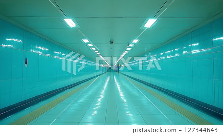Turquoise Subway Tunnel with Reflective Tiles and Linear Perspec 127344643