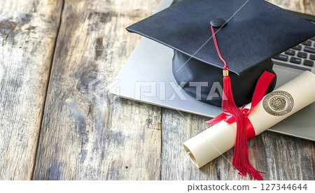 Graduation Cap, Diploma, and Laptop on Rustic Wood Surface, Symb 127344644