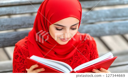 Woman in Red Hijab Reads Book on Bench, Focused and Serene 127344669