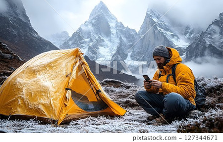 Mountaineer checks his phone near a yellow tent with snow-capped 127344671