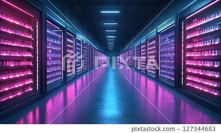 Server room illuminated with neon pink and blue lights, creating 127344683