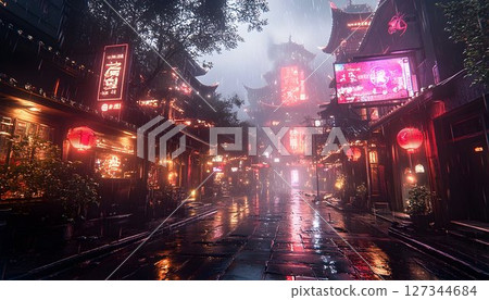 Rainy Night in a Cyberpunk Asian City with Glowing Neon Signs an 127344684