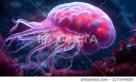 Bioluminescent Brain-like Structure with Tentacles in Deep Blue 127344689