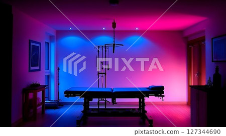 Chiropractor's Table Under Blue and Pink Lights in a Modern Trea 127344690