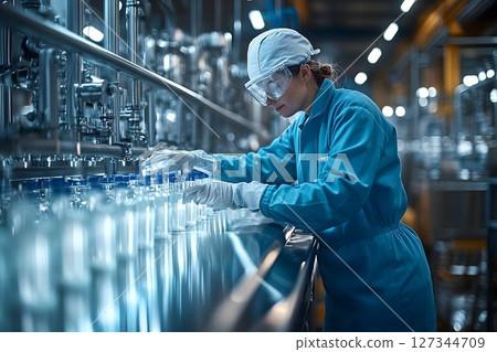 Factory Worker Inspecting Glass Bottles on Conveyor Belt 127344709