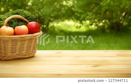 Fresh Apples and Kale in a Wicker Basket on Wooden Table 127344711