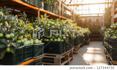 Greenhouse Rows of Young Apple Trees Laden with Unripe Fruit Greenhouse Rows of Young Apple Trees Laden with Unripe Fruit 127344730