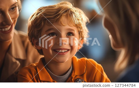 Radiant Boy with Golden Hair Smiles at Family, Warm Light 127344784