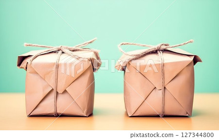 Two Brown Paper Packages Tied with String on a Light Green Backg 127344800