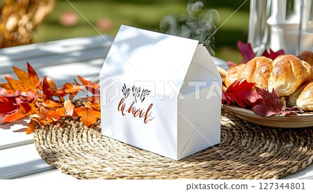 Steaming Treat in Autumnal Setting: White Box with La Boul Label 127344801