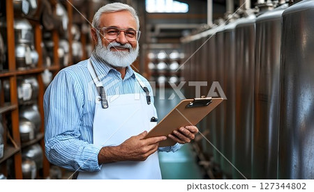 Smiling brewery worker with clipboard stands among stainless ste 127344802