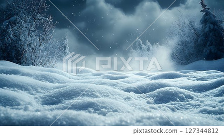Serene Winter Night: Snow-Covered Landscape Under Starlit Sky 127344812