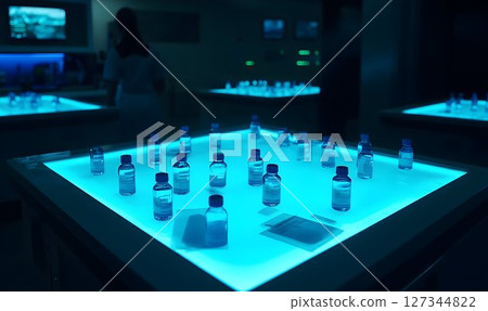 Illuminated vials on a laboratory table under blue light, with a Illuminated vials on a laboratory table under blue light, with a 127344822
