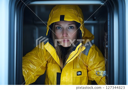 Woman in Bright Yellow Waterproof Suit Emerging from Confined Sp 127344823