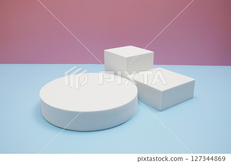Podium display scene stage showcase front view with copy space on pink and blue background 127344869