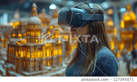 A woman immersed in a virtual world using a VR headset in digital exploration 127345071