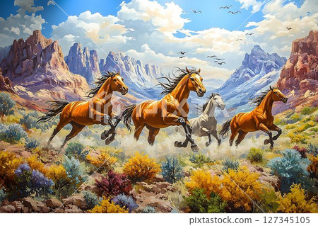 Galloping Majesty: A Vision of Wild Horses in a Mountainous Landscape 127345105