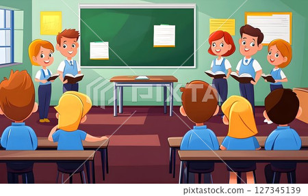 Enthusiastic students reading aloud during a vibrant cartoon classroom presentation 127345139