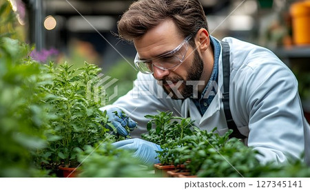 Scientist Carefully Tending to Plants in a Controlled Greenhouse Environment 127345141