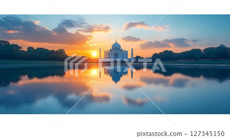 Reflections of heritage: The Taj Mahal at sunrise mirrored in water serenity Reflections of heritage: The Taj Mahal at sunrise mirrored in water serenity 127345150