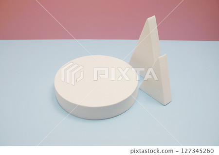 Podium display scene stage showcase front view with copy space on pink and blue background 127345260
