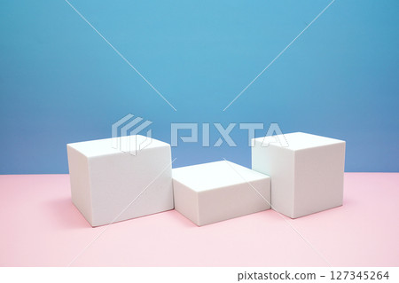 Podium display scene stage showcase front view with copy space on pink and blue background 127345264