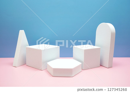 Podium display scene stage showcase front view with copy space on pink and blue background 127345268