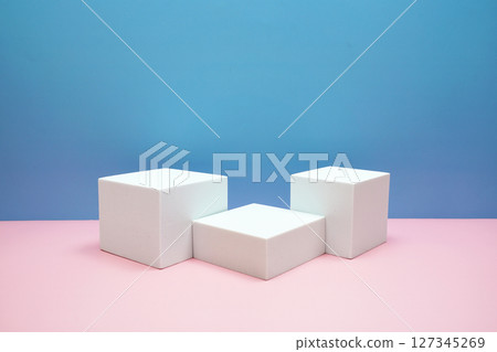 Podium display scene stage showcase front view with copy space on pink and blue background Podium display scene stage showcase front view with copy space on pink and blue background 127345269