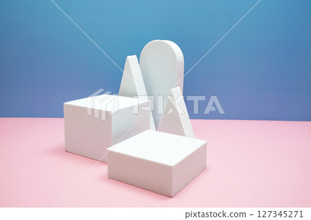 Podium display scene stage showcase front view with copy space on pink and blue background Podium display scene stage showcase front view with copy space on pink and blue background 127345271
