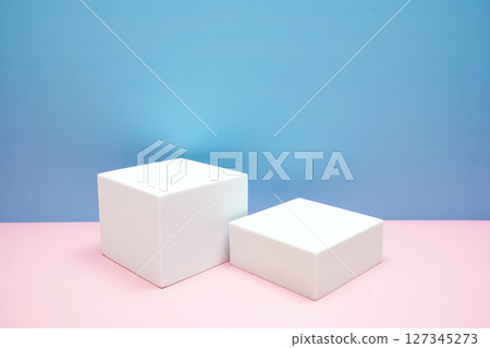 Podium display scene stage showcase front view with copy space on pink and blue background Podium display scene stage showcase front view with copy space on pink and blue background 127345273