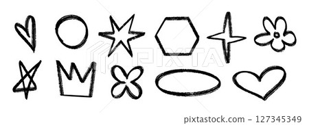 Black hand drawn crayon shape set. Charcoal geometric doodle collection. Black pastel pencil texture form pack for sticker, patch, badge. Sketch outline flower, crown, star, heart elements. Vector 127345349
