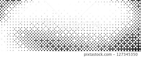 Pixelated bitmap texture background. Black dither pattern wallpaper. Abstract glitch binary gradient pattern. Wide rasterized halftone screen overlay. 8 bit video game backdrop. Vector 127345350