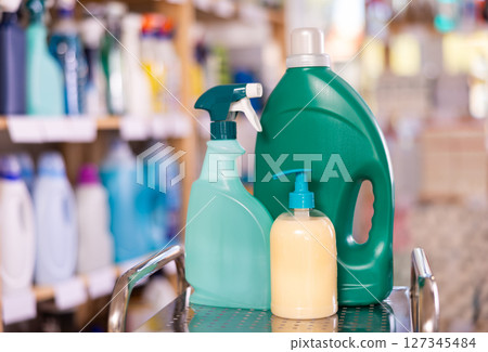 Close view of some homecare products in supermarket Close view of some homecare products in supermarket 127345484