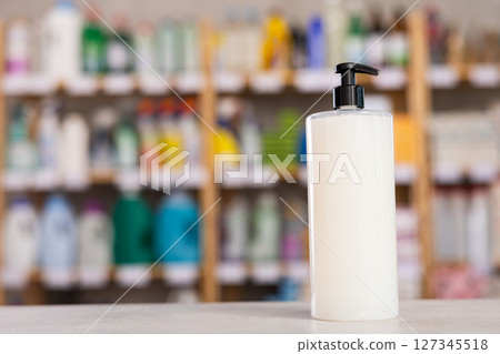 Hair and body shampoo or shower gel on household supermarket shelf Hair and body shampoo or shower gel on household supermarket shelf 127345518