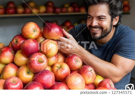 Smiling man selecting a ripe apple from a large, colorful pile a 127345571