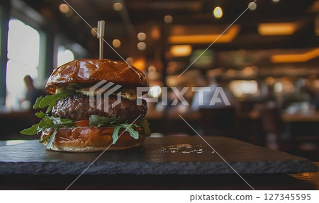 Gourmet Burger on Slate, Bokeh Restaurant Background 127345595