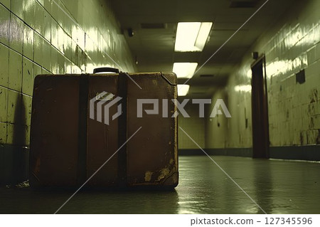 Abandoned leather suitcase in a desolate, tiled hallway under fl 127345596
