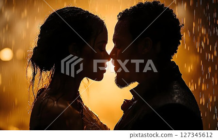 Romantic Silhouette: Couple Embracing in Golden Rain, Close-Up P 127345612