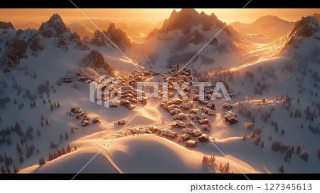 Golden Hour Sunrise Over Snowy Alpine Village Nestled in Majesti 127345613