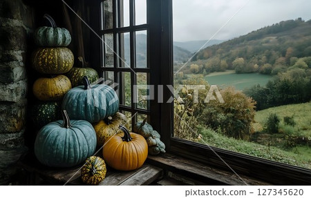 Autumnal Still Life: Pumpkins on Window Ledge Overlooking Misty 127345620